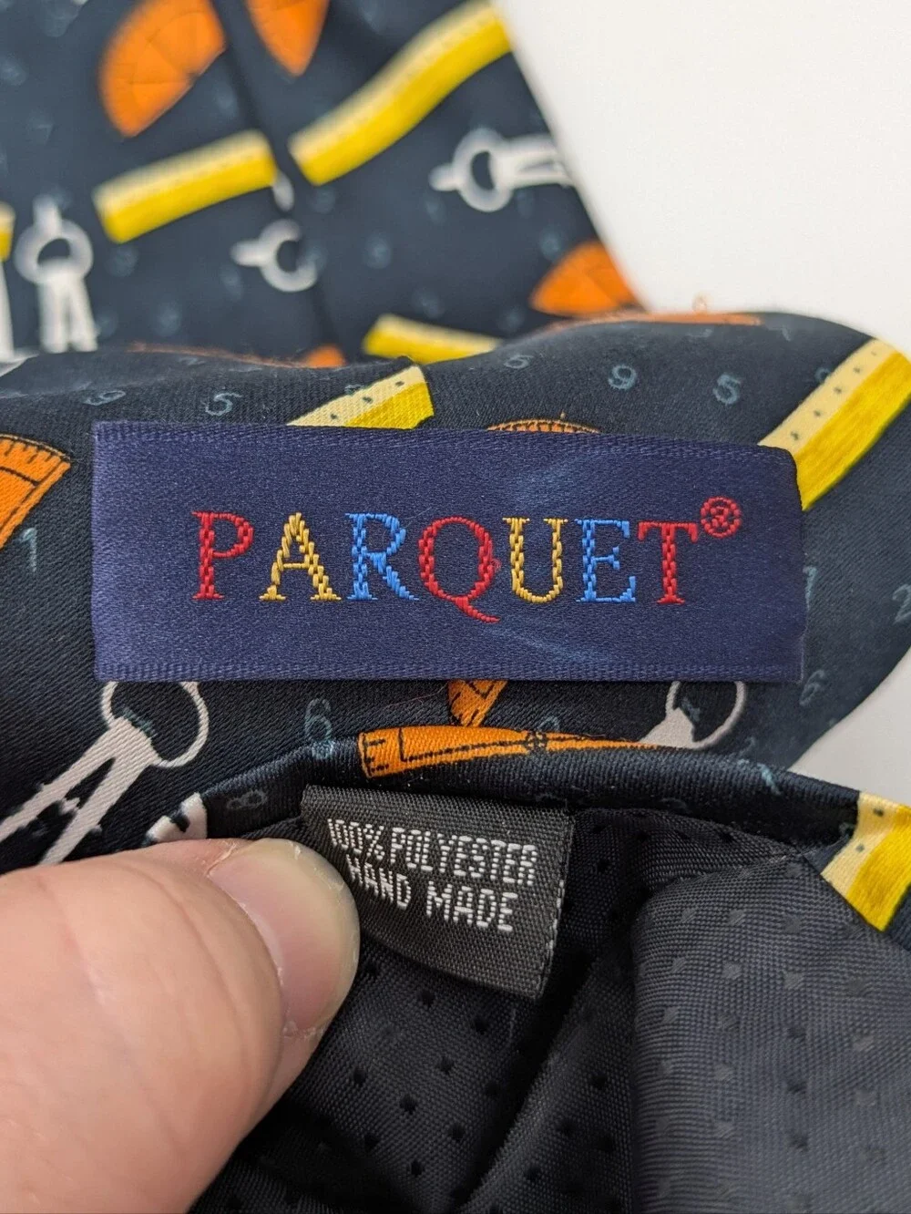 Vintage Parquet Yellow Orange Mathematics Ruler Protractor Compass Mens Neck Tie
